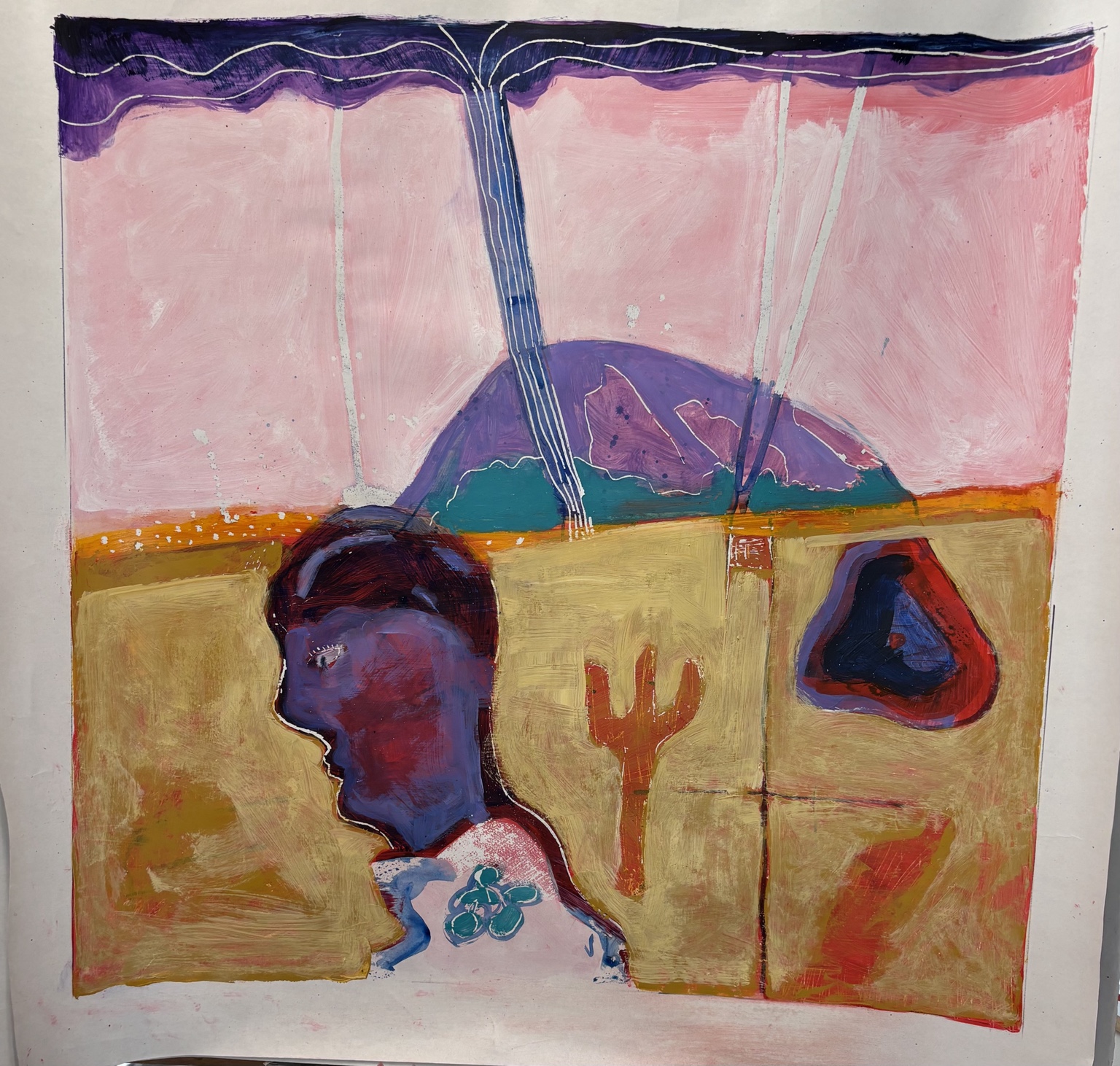 Gezicht en kleine figuren in een landschap met roze lucht.