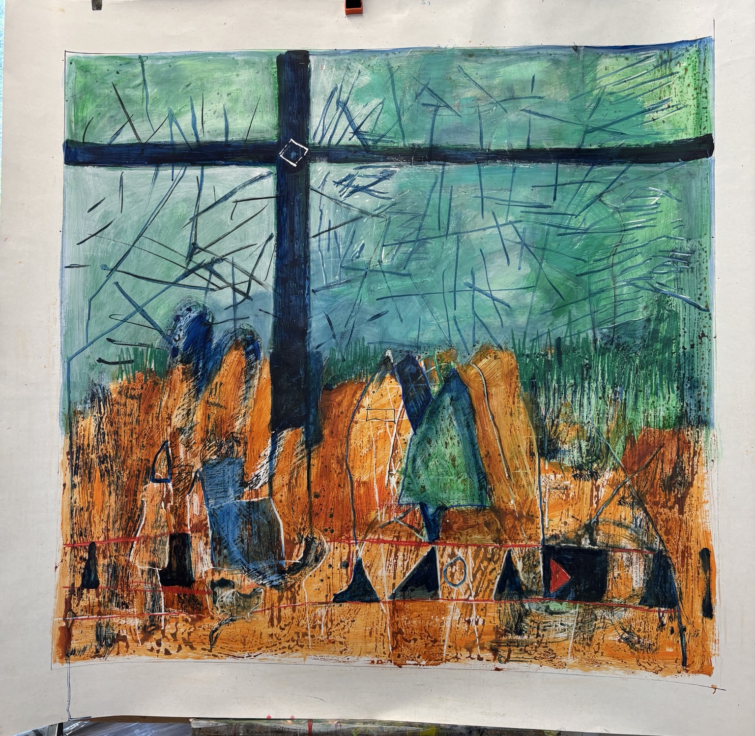 Groene en oranje compositie met donkere kruislijnen en figuren.